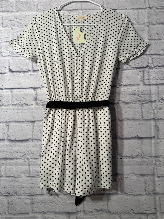 Pants - Polka Dot V-Neck Short Sleeve Romper with Black Waistband - White/Black